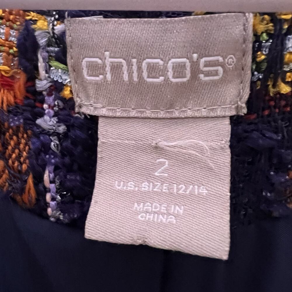 Chico's multicolor plaid tweed open-front jacket yellow braided trim Sz L - Picture 11 of 15